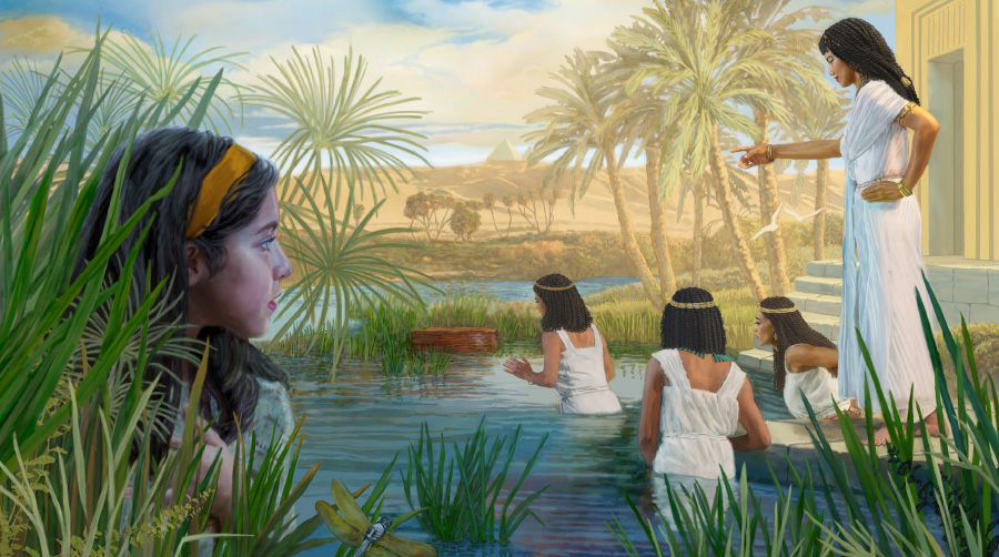 Miriame ha a sa le monyane o ipatile ka har’a mahlaka ’me o shebile ha morali oa Faro a roma lekhoba la hae la mosali hore le mo tlele basekete e neng e patile Moshe ha e sa le lesea.