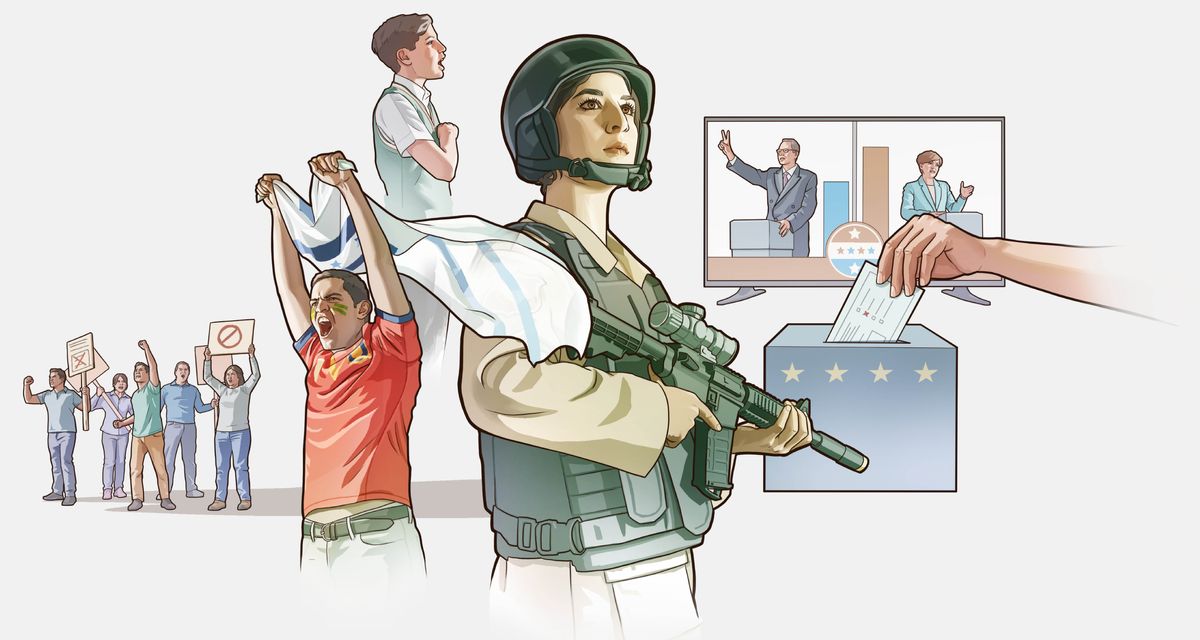 Litšoantšo: 1. Batho ba halefileng ba etsa toi-toi ba tšoere liboto. 2. Monna ea tlileng lipapaling o thabetse sehlopha sa hae ’me o phahamisitse folakha ea sona. 3. Moithuti sekolong o etsa kano ea ho tšepahalla naha ea hae. 4. Lesole le tšoere sethunya. 5. Batho ba babeli ba mekha ea lipolotiki e fapaneng baa ngangisana. 6. ’Mè e mong oa vouta.