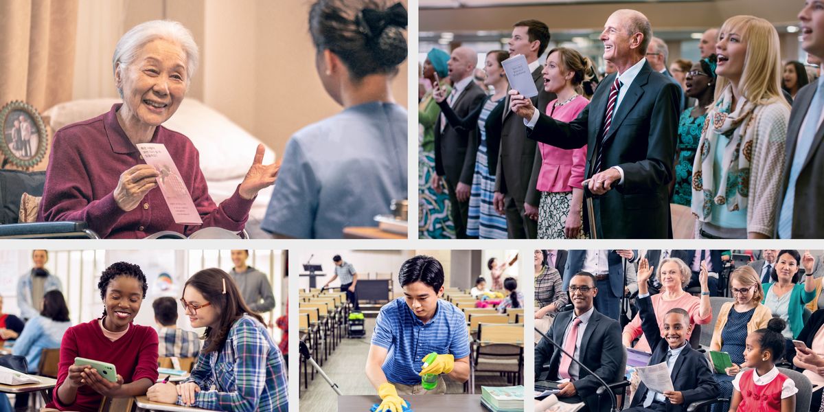 Litšoantšo: Litsela tse fapaneng tsa ho rorisa Jehova. 1. Nkhono o bua le mooki ka molaetsa oa Bibele. 2. Bara le barali ba bo rona baa bina libokeng. 3. Moshanyana o phahamisitse letsoho libokeng hore a arabe. 4. Mor’abo rona o thusa ka ho hloekisa Holo ea ’Muso. 5. Ngoanana e mong o bua le ngoana eo a kenang sekolo le eena ka molaetsa oa Bibele.