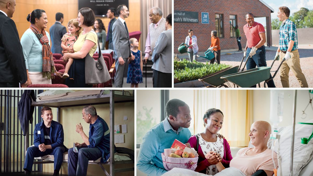 Litšoantšo: Bara le barali ba bo rona ba thabela ho ba paradeiseng ea moea. 1. Ba thabela ho qoqa ha ba le Holong ea ’Muso. 2. Ba thabela ho sebetsa ’moho ha ho hloekisoa Holo ea ’Muso. 3. Mor’abo rona ea holileng o khothatsa mor’abo rona e mocha ha ba le ka teronkong. Likarete le mangolo a tsoang ho Bakreste-’moho li manamisitsoe leboteng. 4. Banyalani ba etetse morali oa bo rona ea kulang ha a le sepetlele. Morali oa bo rona o tšoere morali oa bo rona ea kulang ka letsoho, ha monna oa hae eena a tšoere baskete e tšetseng litholoana le likarete.