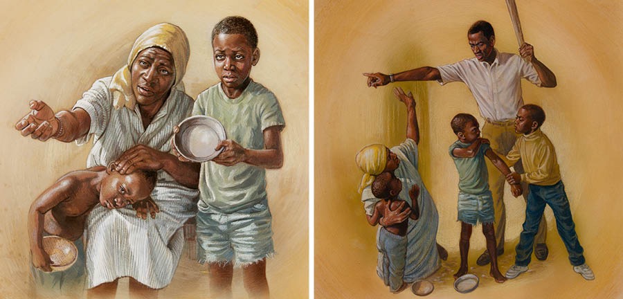 Mohlolohali le bana ba hae ba kopa lijo; monna o otla mosali; moshanyana o hlekefetsa e mong