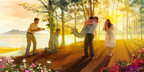 A joyful resurrection scene in the future Paradise on earth