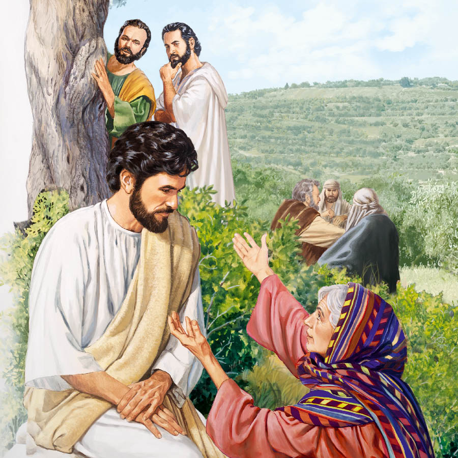 Jesu o ntse a bua le ’mè oa Jakobo le Johanne. Morao mane, Jakobo le Johanne ba ba mametse ba eme ka mor’a sefate.