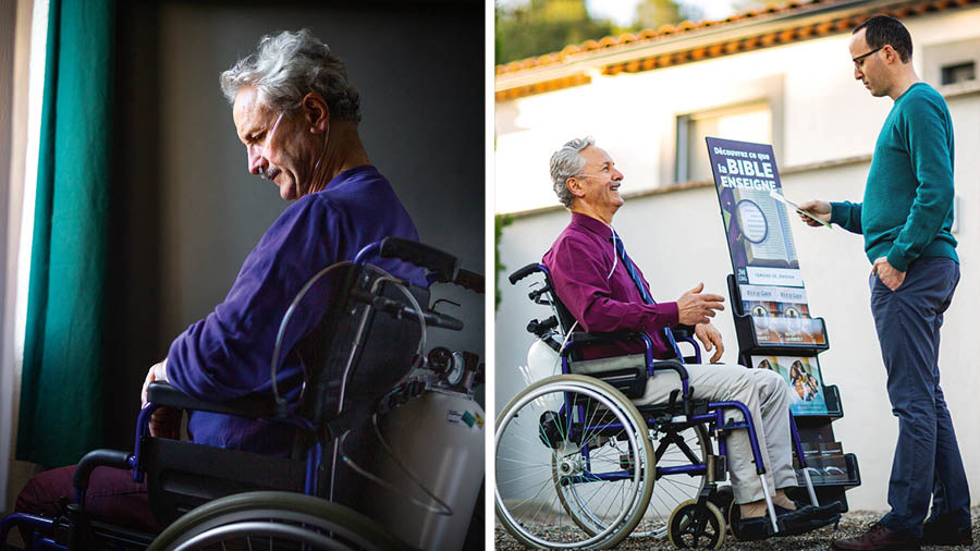 Litšoantšo tse nyallanang: 1. Mor’abo rona ea nyahameng o lutse holim’a wheelchair ’me o thusoa ke tanka ea oxygen ho hema. 2. O bua le motho e mong a thabile ha a ntse a paka ka toroli.