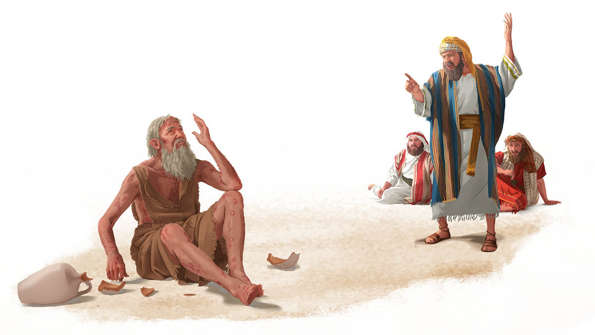 Jobo o lutse fatše o shebile leholimong, o tletse mathopa ’meleng. E mong ea ikentseng eka ke motsoalle oa Jobo o supile leholimong ’me o soma Jobo.