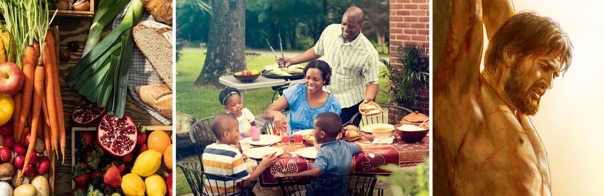 Litšoantšo: Limpho tseo Jehova a re fileng tsona ka lerato. 1. Matletse-tletse a lijo. 2. Lelapa le thabileng le ja hammoho le lutse ka ntle. 3. Jesu o khokhothetsoe palong.