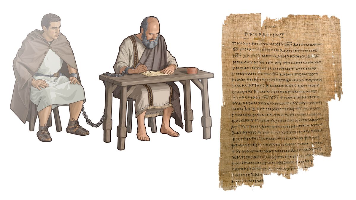 Litšoantšo: 1. Moapostola Pauluse o ngola lengolo a ntse a faselelitsoe lesoleng la Moroma. 2. Kopi ea khale ea lengolo leo moapostola Pauluse a ileng a le ngolla Baefese.