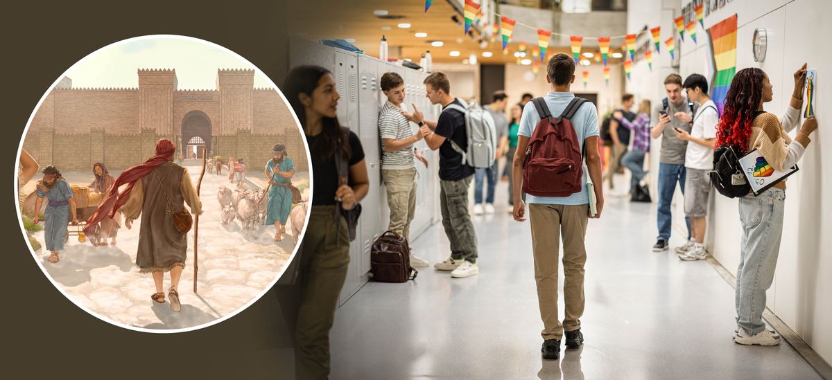 Litšoantšo: 1. Moprofeta Jonase o ea a lebile likeiti tsa motse oa Ninive. 2. Mor’abo rona e mocha o tsamaea phasejeng ea sekolo ’me o pata-potiloe ke lintho tse ngata tse sa thabiseng Jehova. Lifolakha tse nang le mebala ea mookoli li behiloe hohle phasejeng. Moshanyana o tšoaroa ka mabifi ke moshanyana e mong.