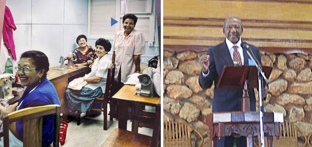 Litšoantšo: 1. Emilia le barali ba bang ba bo rona ba sebetsa Lefapheng la ho Roka Bethele. 2. Gustavo o fana ka puo Holong ea Kopano.