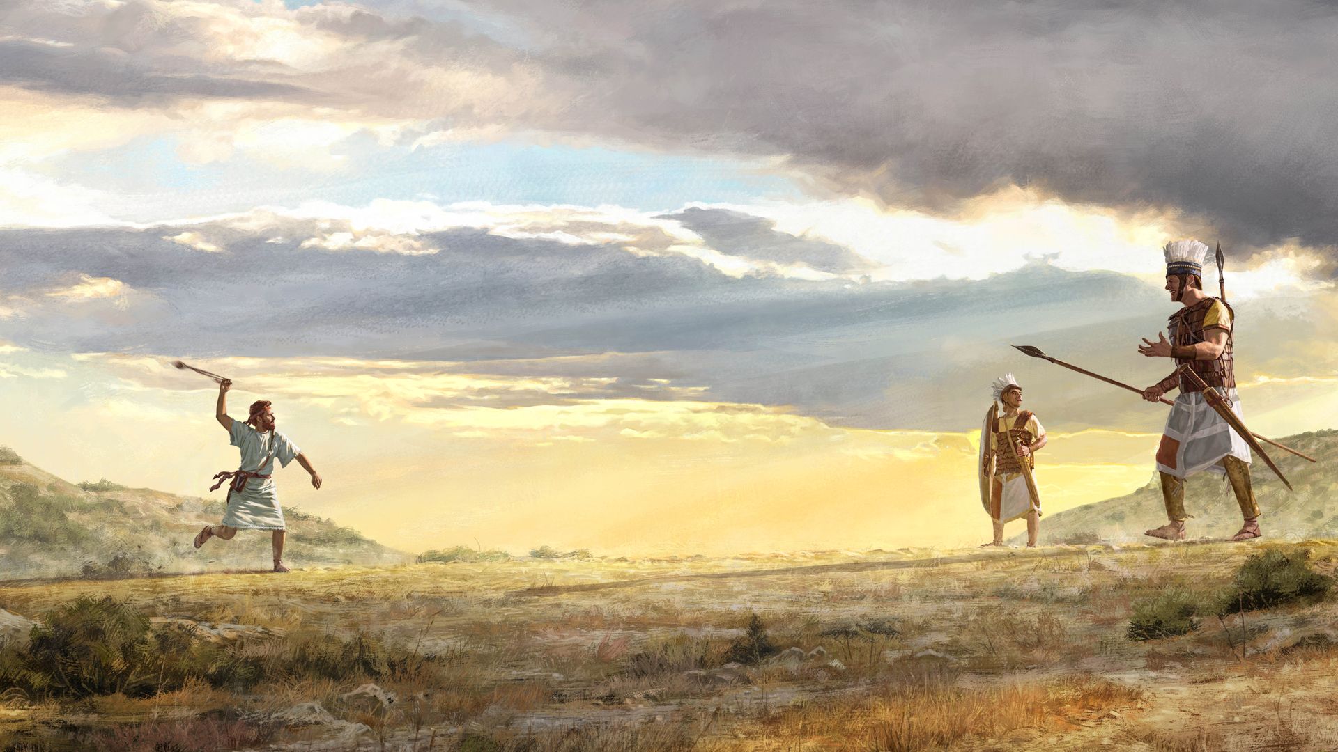 Davida o mathela ho Goliathe, o mo betsa ka letjeketjane. Mojari oa lihlomo tsa Goliathe o eme pel’a Goliathe ea ntseng a atamela Davida a bile a mo rohaka.