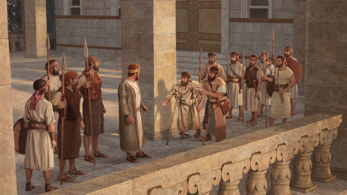 Mefiboshethe o bua le Davida le banna ba hae a le litelu li bohlasoa. E mong oa basebeletsi o mo tšoere letsoho e le hore a mo tšehetse.