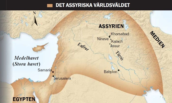 1. Assyrisk tjur med vingar; 2. Karta över det Assyriska världsväldet