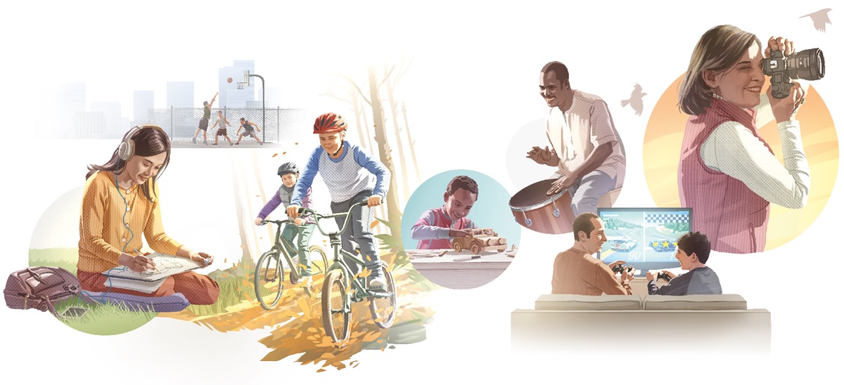 Collage: Människor i olika åldrar kopplar av på olika sätt. 1. En tjej lyssnar på musik och ritar. 2. Tre killar spelar basket. 3. Två pojkar cyklar. 4. En pojke bygger en modellbil. 5. En man spelar på en trumma. 6. En pojke spelar tv-spel med sin pappa. 7. En kvinna fotograferar.