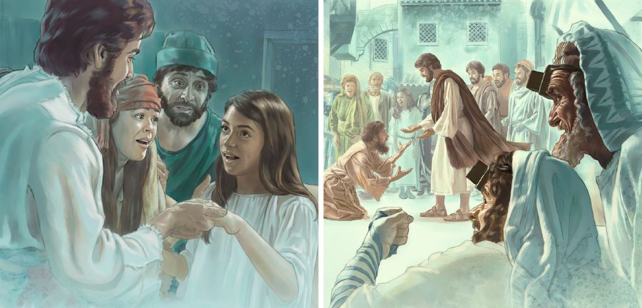 Jesus uppväcker en flicka och botar en sjuk man.