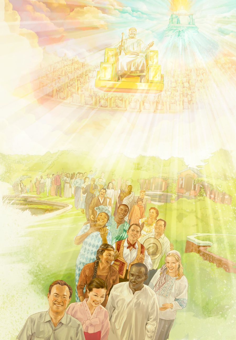 Jesus sitter på tronen i Guds rike och regerar över människorna som lever i paradiset på jorden.