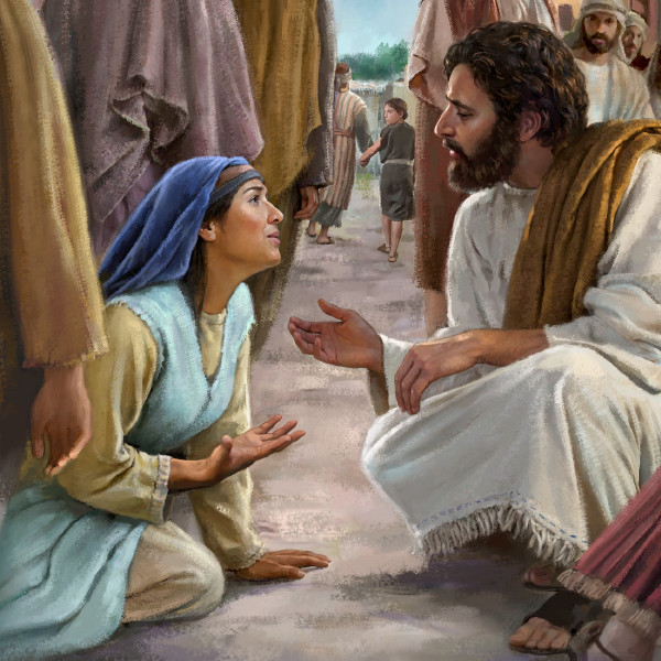 Jesus talar vänligt till en kvinna som varit sjuk i 12 år.