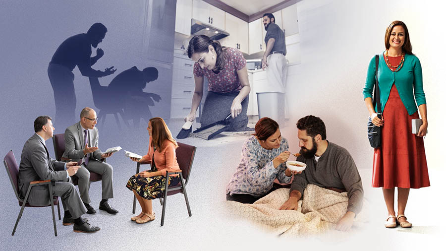 En syster som ska föreställa Yasmeen ler och ser glad ut. Collage: 1. Hon blir utskälld av sin man. 2. Hon tar till sig uppmuntrande tankar från Bibeln som två äldste ger. 3. Hon ligger på knä på köksgolvet och sopar medan hennes man tittar ner på henne. 4. Hon ger sin man något att äta när han ligger sjuk.