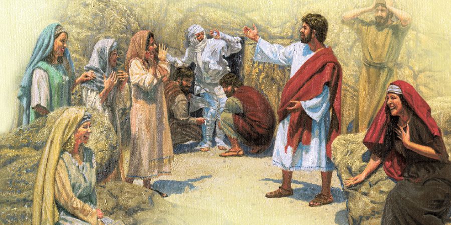 Yesu akimfufua Lazaro, familia na marafiki wanashangilia