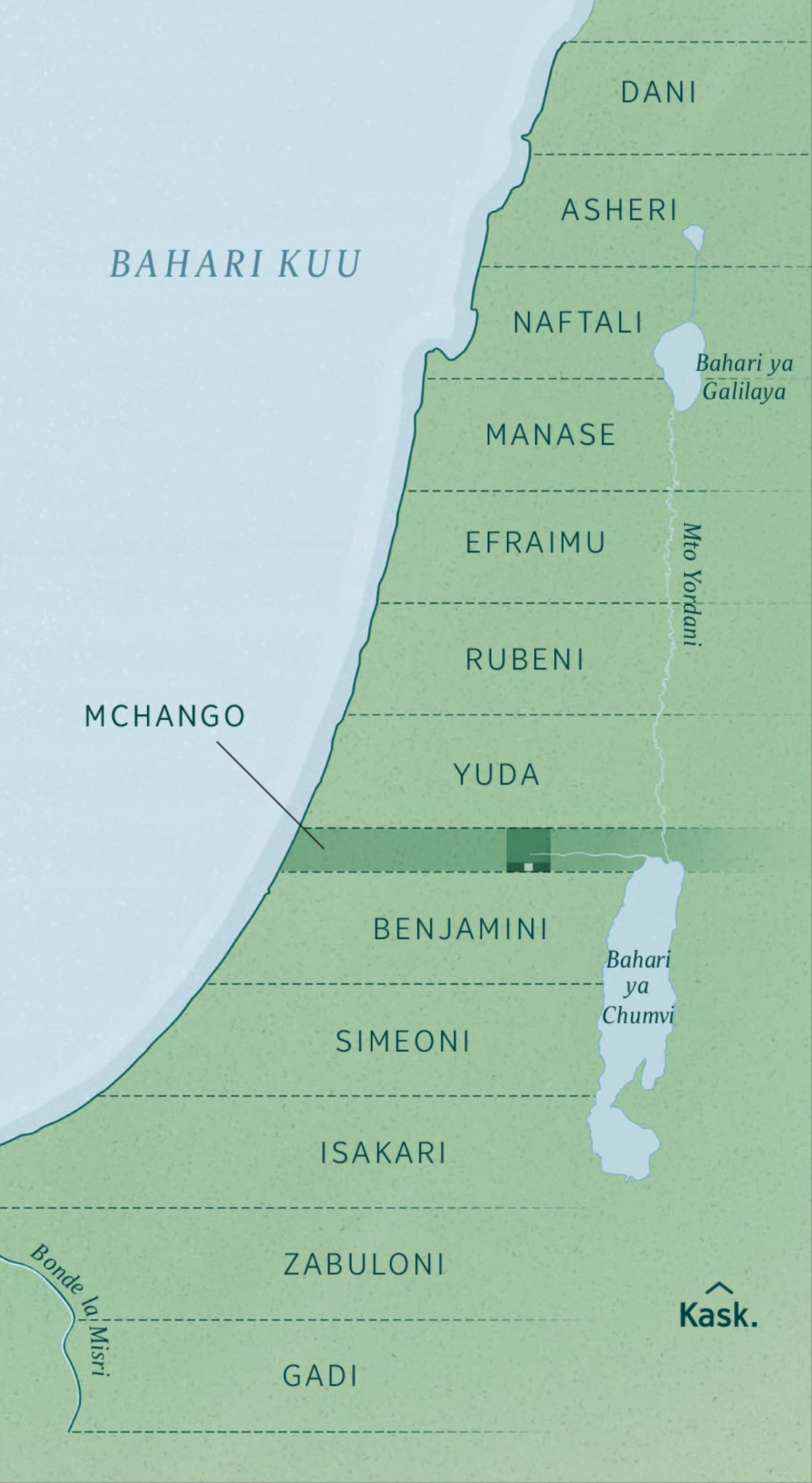 Ramani inayoonyesha sehemu ambazo wahamishwa waliorudi waligawiwa, kama Ezekieli alivyonakili. Urithi kulingana na makabila umepangwa kutoka kaskazini kwenye kusini kuanzia Dani, Asheri, Naftali, Manase, Efraimu, Rubeni, Yuda, Mchango (eneo la usimamizi), Benjamini, Simeoni, Isakari, Zabuloni, na Gadi. 