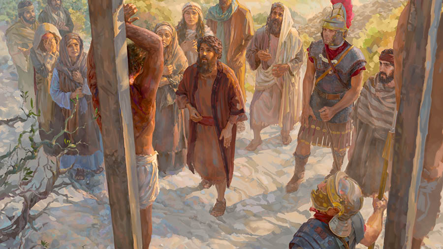 Yesu akiwa ametundikwa kwenye mti wa mateso. Mtume Yohana, Maria, wanajeshi Waroma, na wengine wamesimama karibu yake.