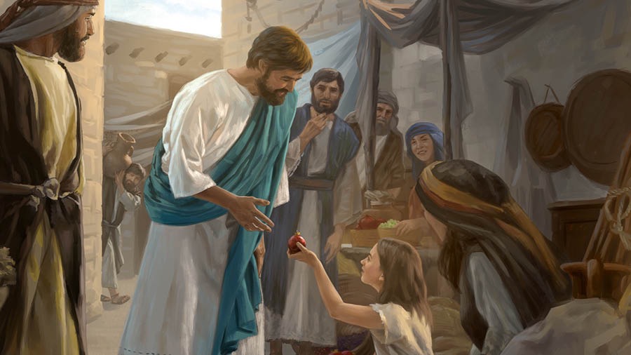 Yesu akipokea tunda kutoka kwa binti huku watu wazima wakiangalia