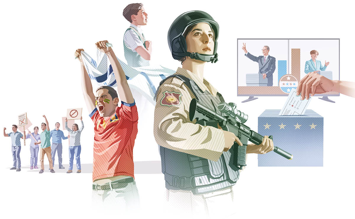 Collage: 1. En grupp arga människor håller upp skyltar och protesterar. 2. En man håller upp en flagga och hejar på sitt lag. 3. En elev avlägger trohetseden. 4. En soldat håller i ett maskingevär. 5. Två politiker i en debatt. 6. En kvinna röstar.