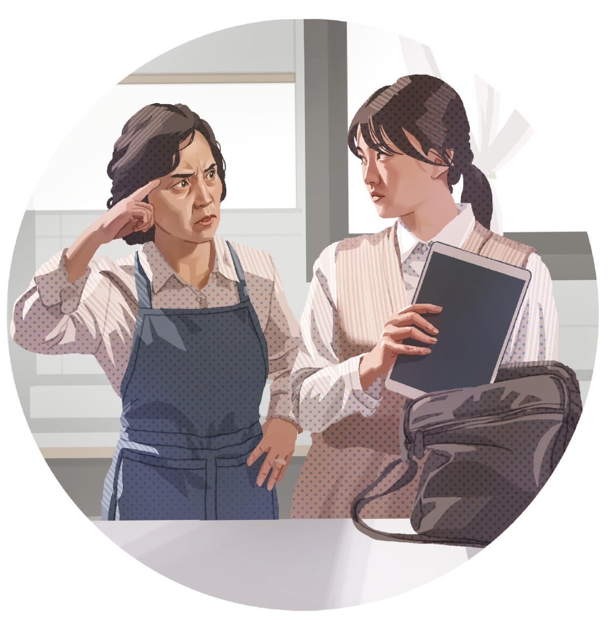 Kvinnan lägger en bibel i sin väska samtidigt som hennes mamma skäller på henne.