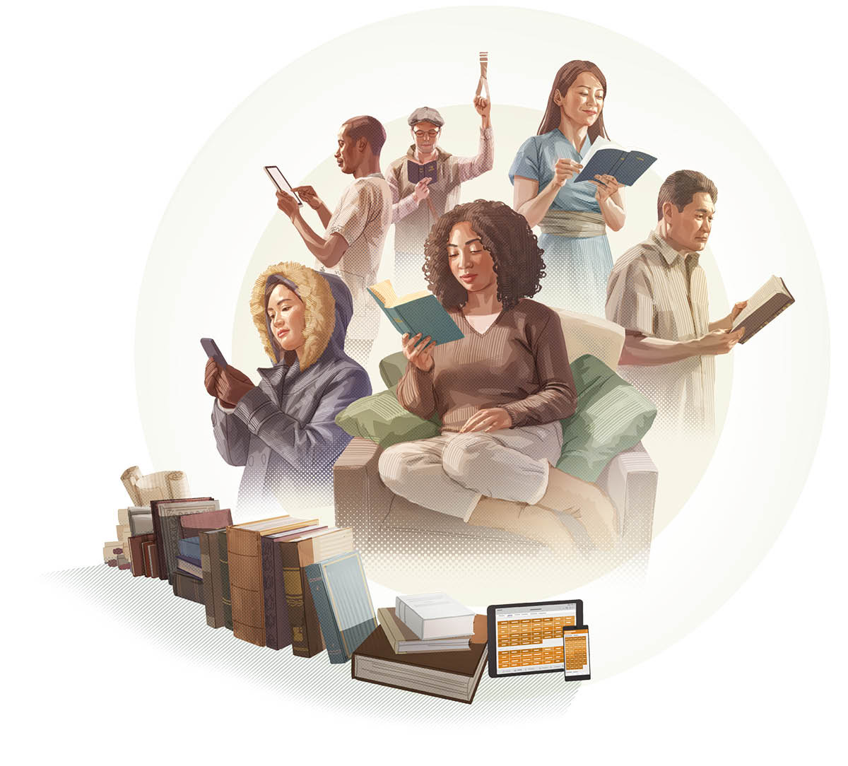 Människor med olika hudfärg och nationalitet läser Bibeln på sitt eget språk.