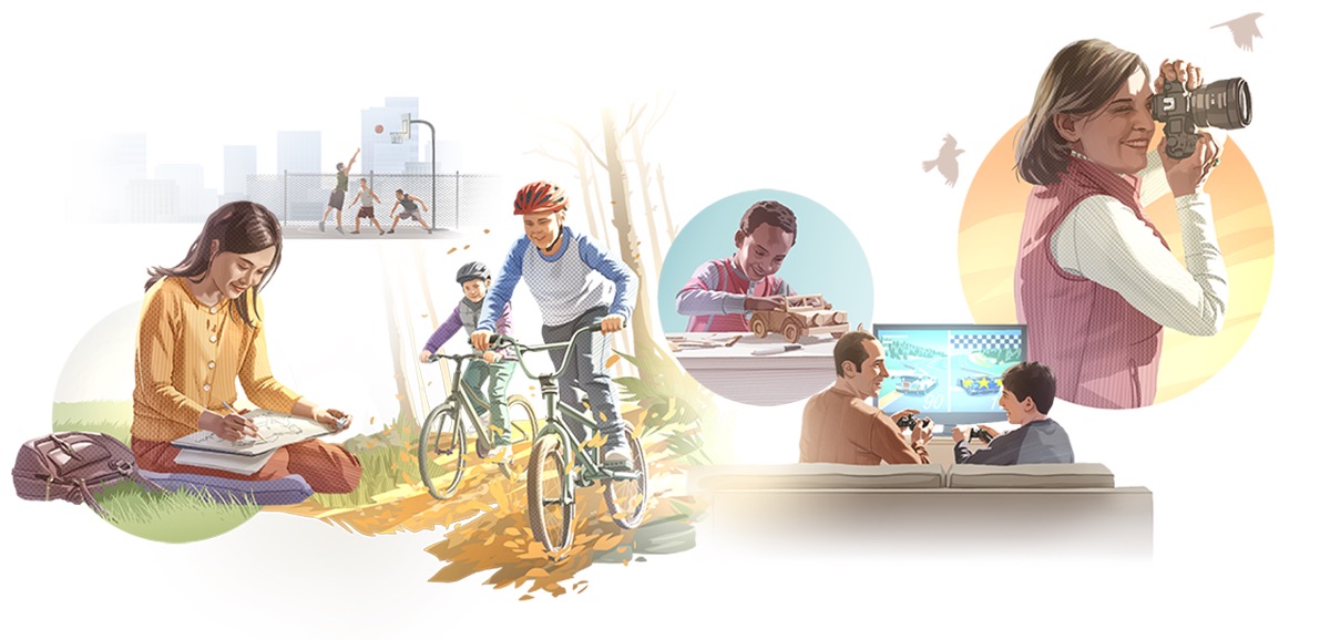 Collage: Människor i olika åldrar kopplar av på olika sätt. 1. En tjej lyssnar på musik och ritar. 2. Tre killar spelar basket. 3. Två pojkar cyklar. 4. En pojke bygger en modellbil. 5. En man spelar på en trumma. 6. En pojke spelar tv-spel med sin pappa. 7. En kvinna fotograferar.