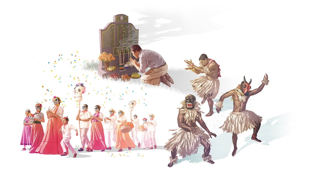 Collage: Seder som har med tillbedjan av döda att göra. 1. En man sitter på knä framför en gravsten och ber och bär fram mat åt den döde. 2. Tre utklädda män dansar. 3. Människor som har dödskallemasker och bär på skelett är med i en parad på de dödas dag.