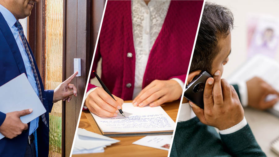 Collage: Bröder och systrar tar del i predikoarbetet. 1. En broder går från dörr till dörr. 2. En syster skriver brev. 3. En broder vittnar per telefon.