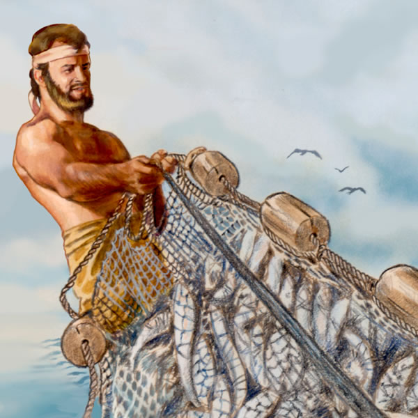 ஒரு மீனவர் தன்னுடைய இழுவலை நிறைய மீன்களை இழுக்கிறார்