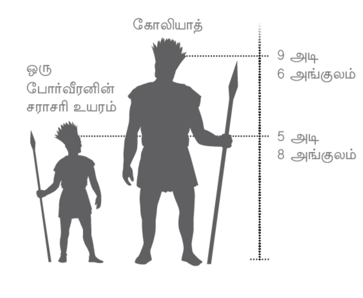 ராட்சதனாகிய கோலியாத்தின் உயரமும் ஒரு சாதாரண போர்வீரனின் உயரமும்
