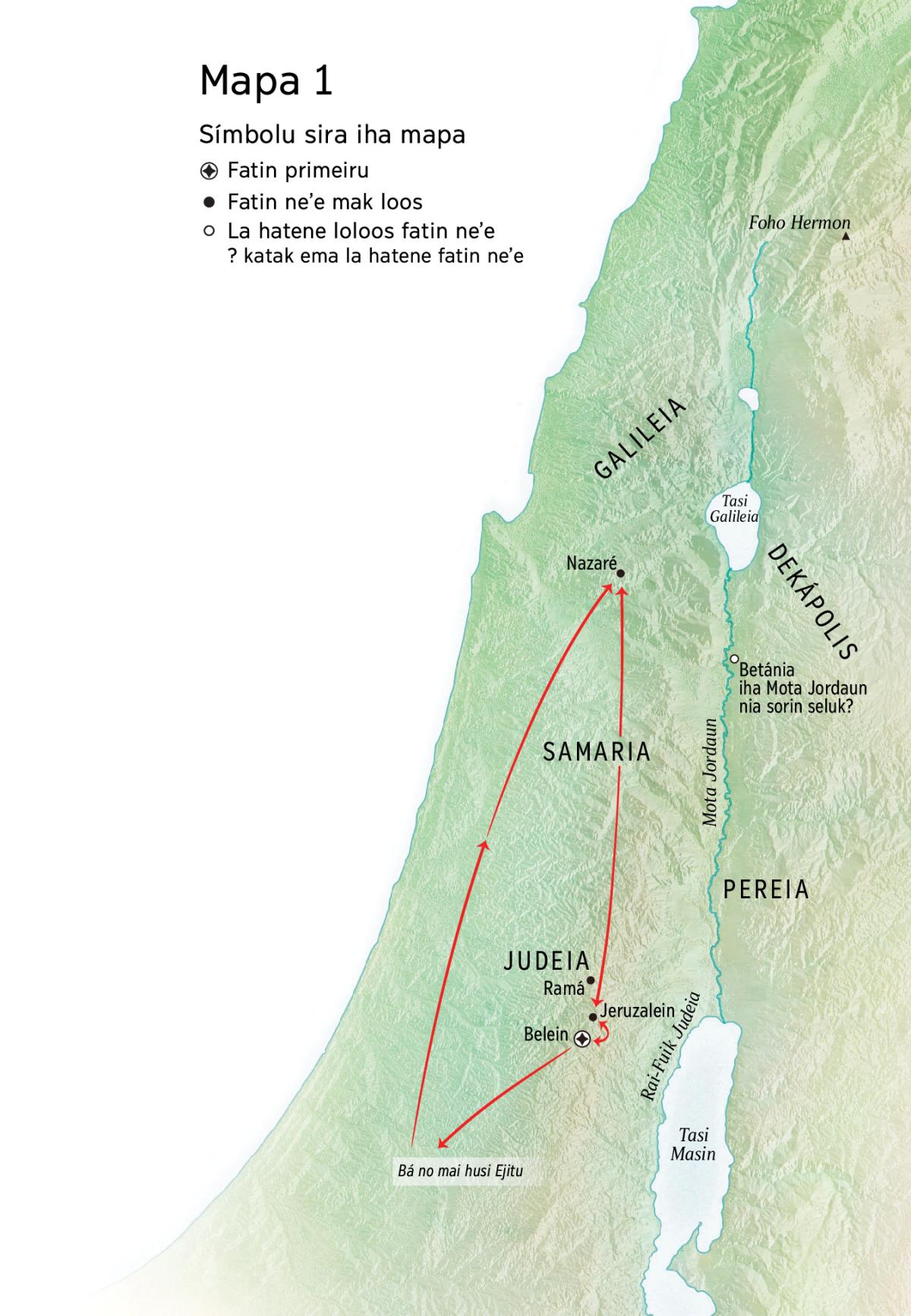Map of locations related to Jesus’ life: Bethlehem, Nazareth, Jerusalem