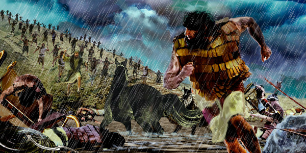 బారాకు, అతని మనుషులు తాబోరు కొండ నుండి కిందికి దూసుకొచ్చి సీసెరా సైన్యాన్ని తరుముతున్నారు