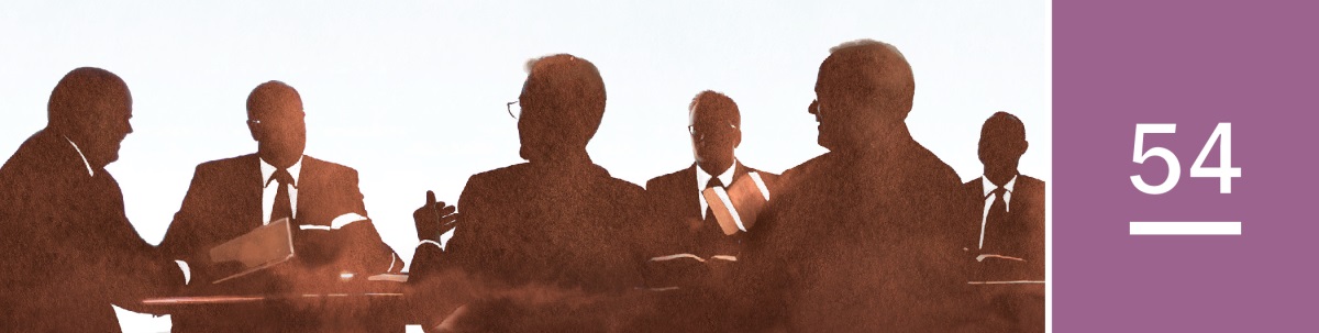 54వ పాఠం. యెహోవాసాక్షుల పరిపాలక సభ సభ్యులు మీటింగ్‌ జరుపుకుంటున్నారు.