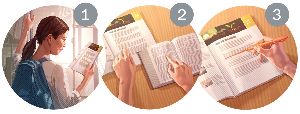 చిత్రాలు: ఒకామె తన బైబిలు స్టడీ కోసం సిద్ధపడుతుంది. 1. ఆమె పాఠం మొదటి భాగాన్ని చదువుతుంది. 2. అక్కడిచ్చిన లేఖనాల్ని బైబిలు తెరిచి చదువుతుంది. 3. పాఠంలోని ముఖ్యమైన పదాలు లేదా మాటల కింద గీతలు పెట్టుకుంటుంది.