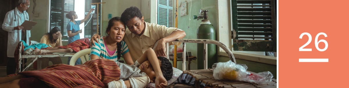 26వ పాఠం. ఒక ప్రమాదం వల్ల ఆసుపత్రి పాలైన తమ కొడుకును చూస్తూ బాధపడుతున్న తల్లిదండ్రులు.