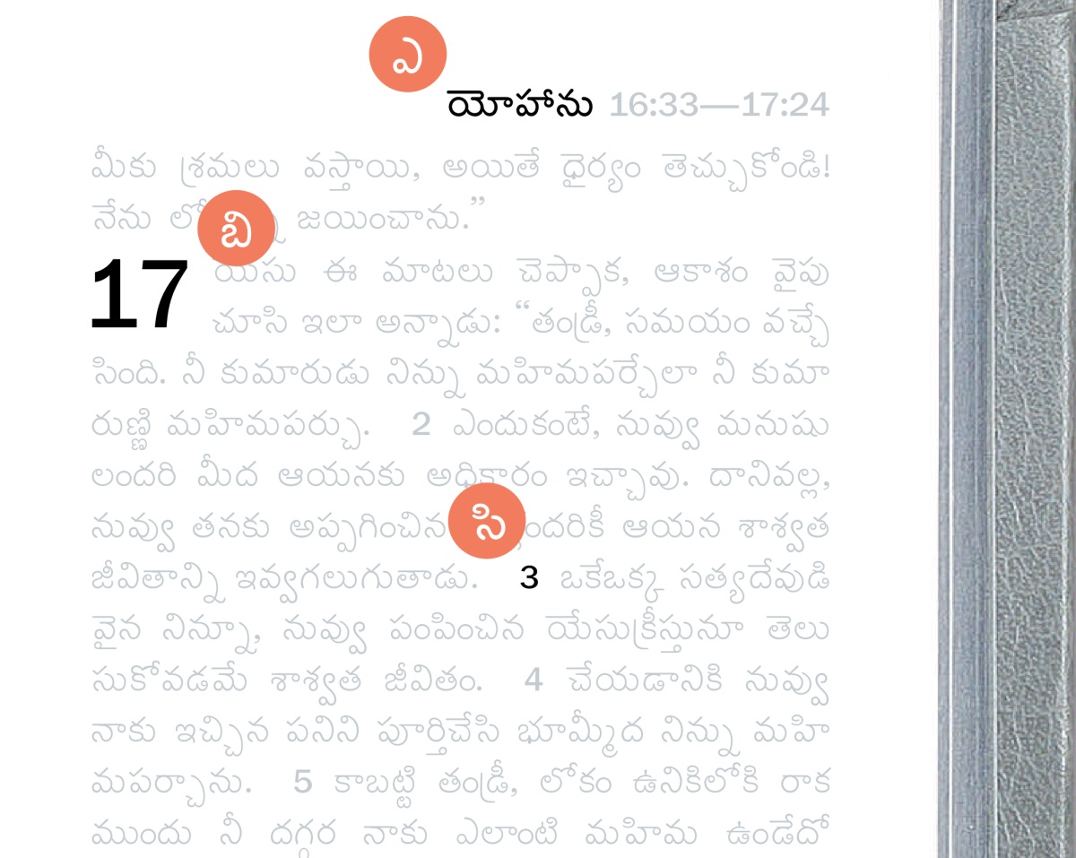 బైబిలు పేజీలో ఉన్న ఎ, బి, సి ఫీచర్లను చూపిస్తున్న చిత్రం.