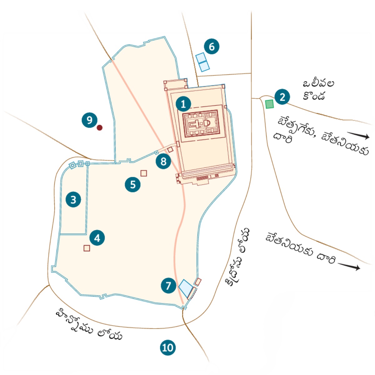 యెరూషలేము, దాని పరిసర ప్రాంతాల మ్యాపు. వీటిలో కొన్ని ఖచ్చితంగా ఎక్కడున్నాయో తెలుసు, కొన్ని ఖచ్చితంగా తెలియదు. 1. ఆలయం. 2. గెత్సేమనే తోట. 3. అధిపతి భవనం. 4. కయప ఇల్లు. 5. హేరోదు అంతిప ఉన్న భవనం. 6. బేతెస్ద కోనేరు. 7. సిలోయము కోనేరు. 8. మహాసభ భవనం. 9. గొల్గొతా. 10. అకెల్దమ.