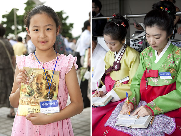 1. A Korean girl holding a new Bible publication; 2. Two Korean women taking notes at a convention