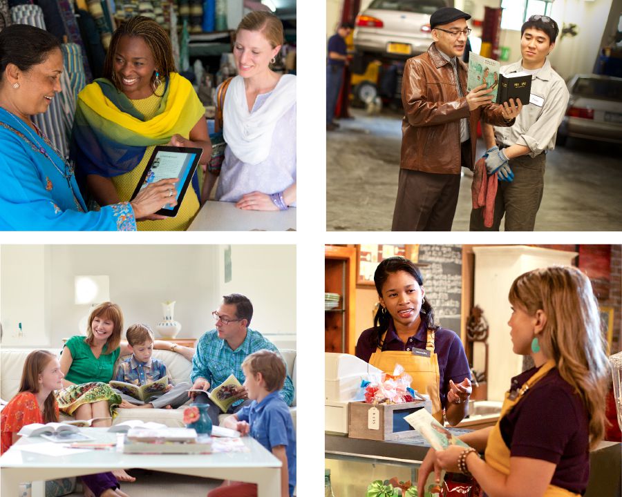 พี่​น้อง​หญิง​ให้​ผู้​หญิง​คน​หนึ่ง​ดู​วีดีโอ; พี่​น้อง​ชาย​ประกาศ​ที่​อู่​รถ; พ่อ​แม่​และ​ลูก ๆ นมัสการ​ประจำ​ครอบครัว​อย่าง​มี​ความ​สุข; พี่​น้อง​หญิง​ประกาศ​กับ​เพื่อน​ร่วม​งาน