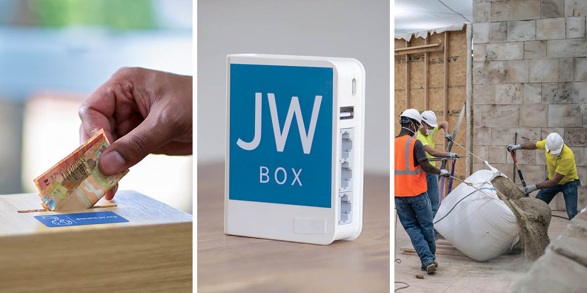 ชุด​รูป​ภาพ: 1. พี่​น้อง​เอา​เงิน​ใส่​กล่อง​บริจาค 2. JW Box 3. พี่​น้อง​กำลัง​สร้าง​ฉาก​ถ่าย​ทำ​วีดีโอ