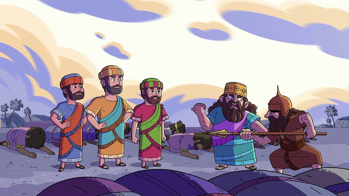 ฉาก​จาก​วีดีโอ​เรื่อง “มา​รู้​จัก​เพื่อน​ของ​พระ​ยะโฮวา—ฮานันยาห์ มิชาเอล และ​อาซาริยาห์” ฮานันยาห์ มิชาเอล และ​อาซาริยาห์​ไม่​ยอม​ก้ม​กราบ​รูป​เคารพ​ที่​เนบูคัดเนสซาร์​สร้าง​ขึ้น เนบูคัดเนสซาร์​โกรธ​มาก​และ​สั่ง​ให้​ทหาร​จับ​พวก​เขา