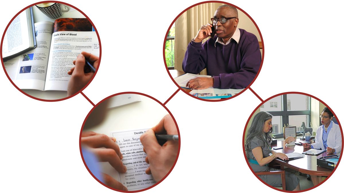 ฉาก​จาก​วีดีโอ​เรื่อง “คุณ​เตรียม​พร้อม​แล้ว​ไหม​ถ้า​ต้อง​ได้​รับ​การ​รักษา​พยาบาล?” 1. พี่​น้อง​ชาย​คน​หนึ่ง​ค้นคว้า​โดย​ใช้​คัมภีร์​ไบเบิล​และ​ใช้​บท 39 ของ​หนังสือ “ชีวิต​ที่​มี​ความ​สุข​ตลอด​ไป” 2. พี่​น้อง​ชาย​คน​หนึ่ง​กรอก​หนังสือ​มอบ​อำนาจ​และ​แสดง​ความ​จำนง​เกี่ยว​กับ​การ​รักษา​พยาบาล 3. พี่​น้อง​คน​หนึ่ง​ที่​เป็น​สมาชิก​คณะ​กรรมการ​ประสาน​งาน​กับ​โรง​พยาบาล​ให้​คำ​ปรึกษา​ทาง​โทรศัพท์ 4. พี่​น้อง​หญิง​คน​หนึ่ง​ให้​หมอดู​เอกสาร