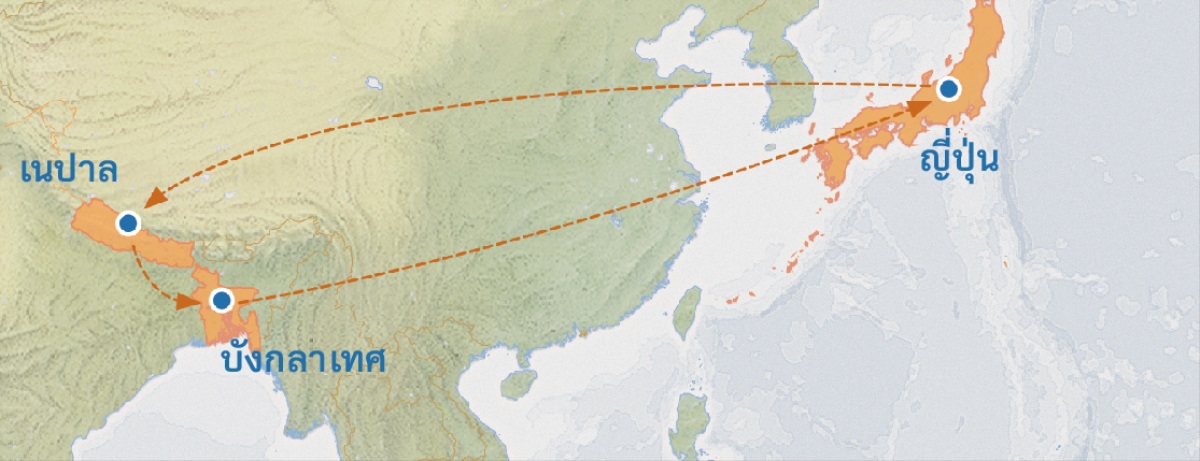 แผนที่​ที่​แสดง​การ​เดิน​ทาง​จาก​ญี่ปุ่น​ไป​เนปาล บังกลาเทศ และ​กลับ​มา​ที่​ญี่ปุ่น