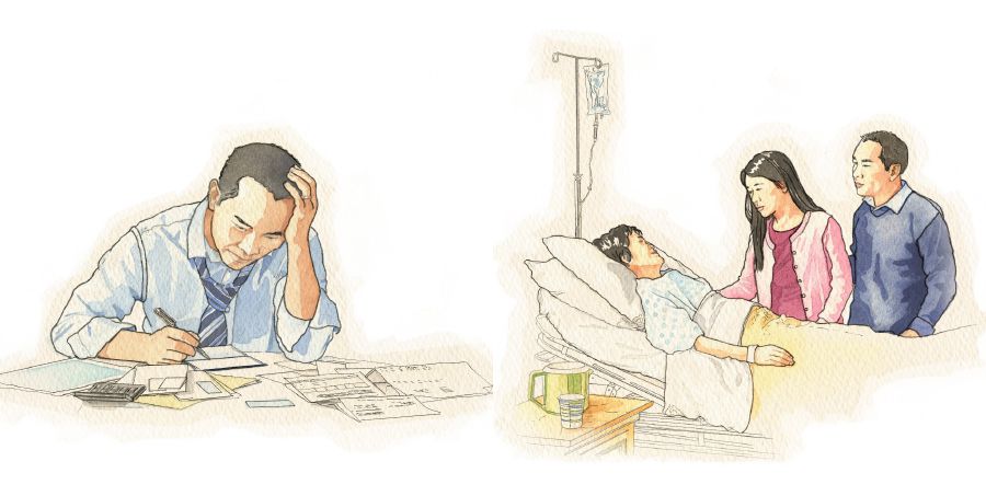 ผู้​ชาย​คน​หนึ่ง​กำลัง​เครียด​เรื่อง​เงิน​และ​เรื่อง​คน​ที่​เขา​รัก​เข้า​โรง​พยาบาล