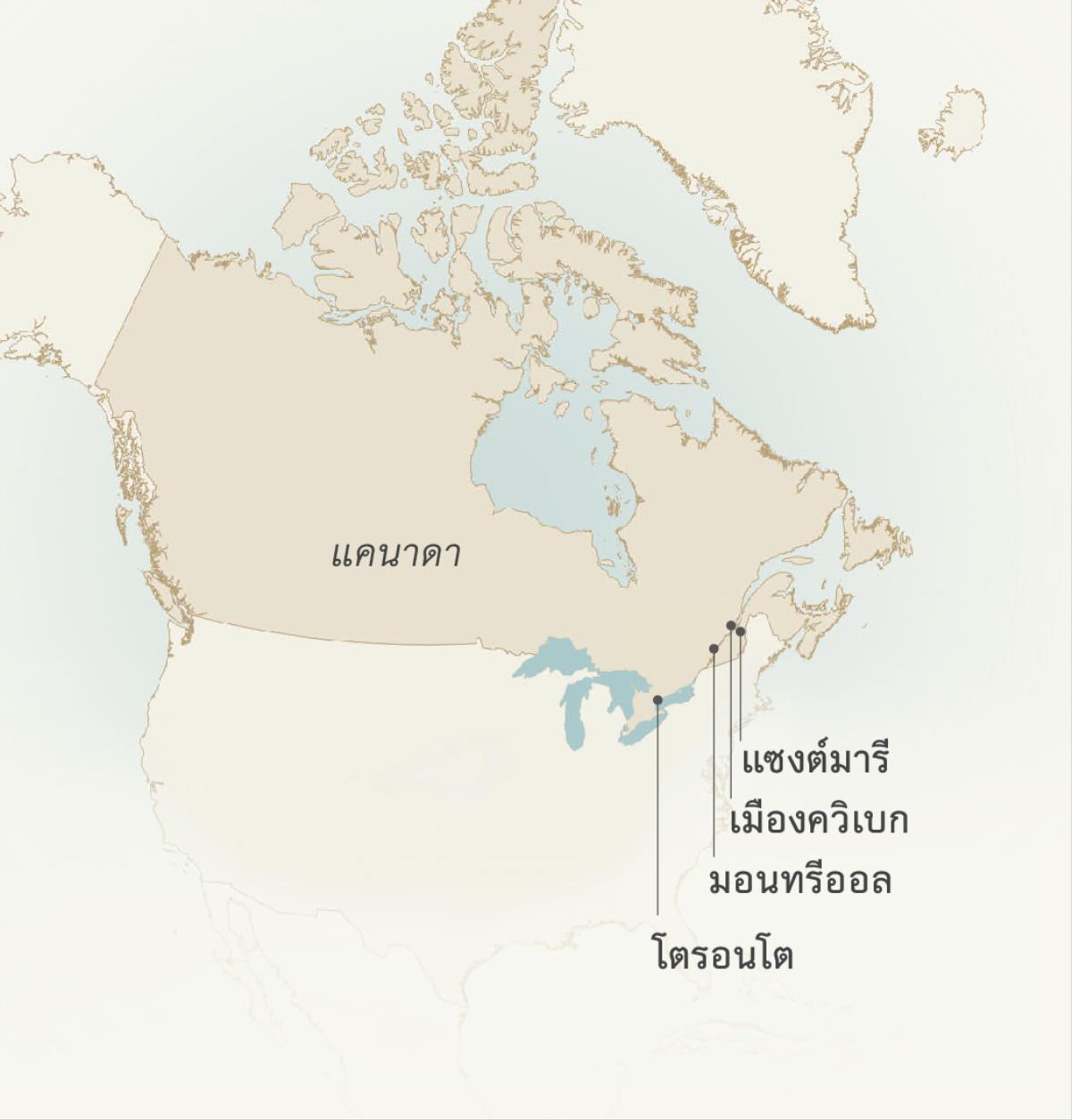 แผนที่​แสดง​ให้​เห็น​เมือง​ที่​เลองซ์ เครโปต์​เคย​รับใช้​ใน​ประเทศ​แคนาดา แซงต์มารี เมือง​ควิเบก มอนทรีออล และ​โตรอนโต