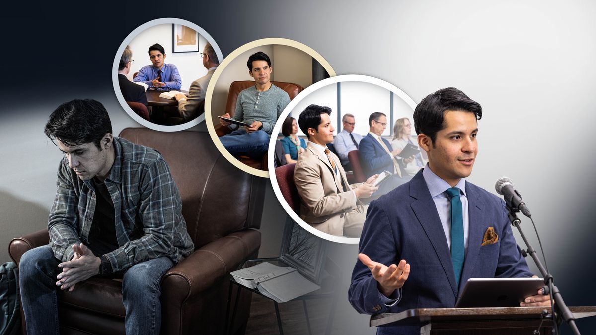 ชุด​รูป​ภาพ: 1. ภาพ​พี่​น้อง​ชาย​ที่​กำลัง​เศร้า มี​คัมภีร์​ไบเบิล​เปิด​อยู่​ข้าง ๆ เขา 2. พี่​น้อง​ชาย​คุย​กับ​ผู้​ดู​แล​สอง​คน 3. พี่​น้อง​ชาย​กำลัง​คิด​ใคร่ครวญ​เรื่อง​ที่​เขา​ได้​อ่าน​จาก​แท็บเล็ต​ของ​เขา 4. เขา​ตั้งใจ​ฟัง​การ​ประชุม​ประชาคม 5. เขา​บรรยาย​ที่​การ​ประชุม​ประชาคม