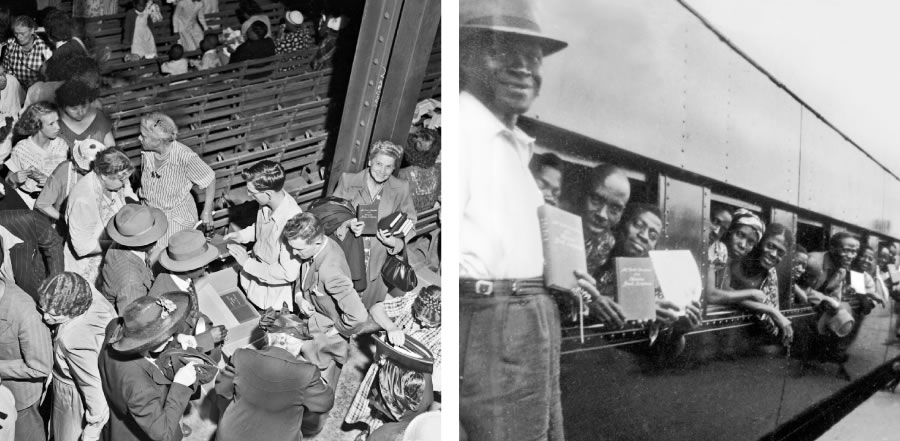 1) 1950-nji ýylda çykan «Injiliň Täze dünýä terjimesini» paýlanylýar; 2) Ganada adamlar özüne alan «Injiliň Täze dünýä terjimesini» görkezýärler